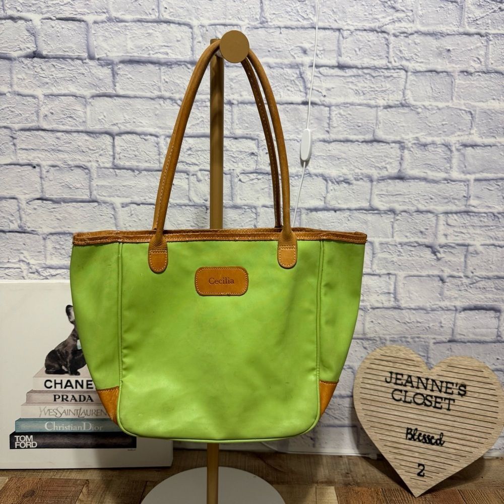 Jon Hart Medium Purse Tote Bag lime green Canvas Natural Leather **READ**